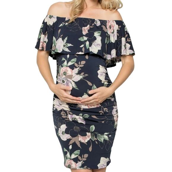My Bump S/M Maternity Blue Floral Off Shoulder Overlay Ruffle Ruched Mini Dress - Picture 1 of 6